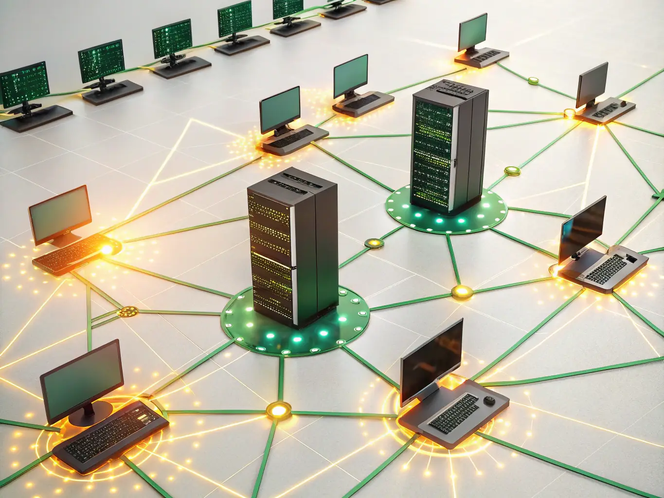 A digital illustration showing interconnected nodes and lines forming a network, representing the build phase of VeriBotz's system implementation process. The image should convey connectivity and integration.
