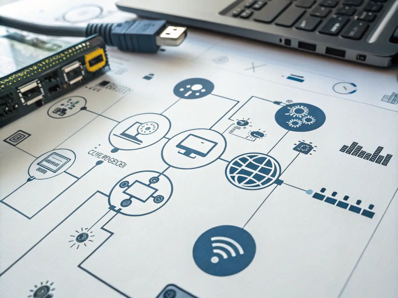 A digital illustration depicting a magnifying glass hovering over a complex system diagram, symbolizing the audit phase of VeriBotz's system implementation process. The image should convey thoroughness and attention to detail.