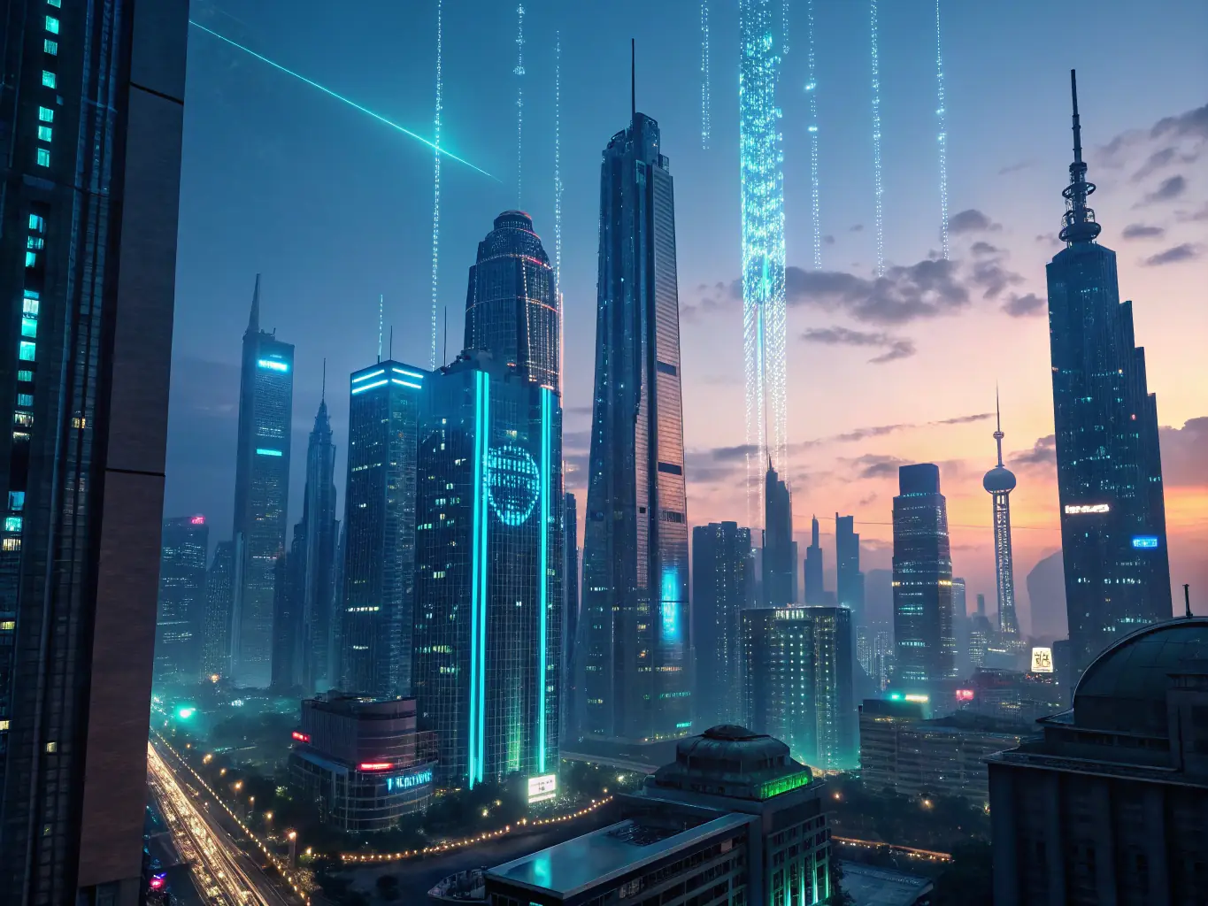 A futuristic cityscape with glowing neon green lines highlighting automated systems and data flows, representing the interconnectedness and efficiency of AI-driven processes.