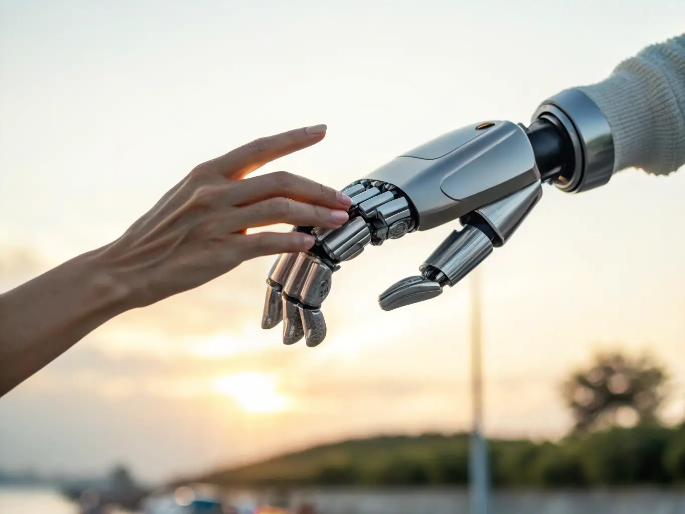 A digital illustration of a robot hand shaking a human hand, symbolizing the collaboration between AI and human intelligence, set against a dark background with neon green accents.